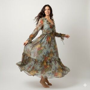 Sundance Floral Multi Color Bohemian Indie Ruffle Maxi Dress Size S